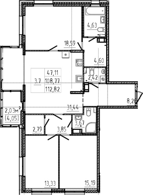 3-комнатная квартира 108.77 м², 13/14 эт., ЖК «Чёрная речка»